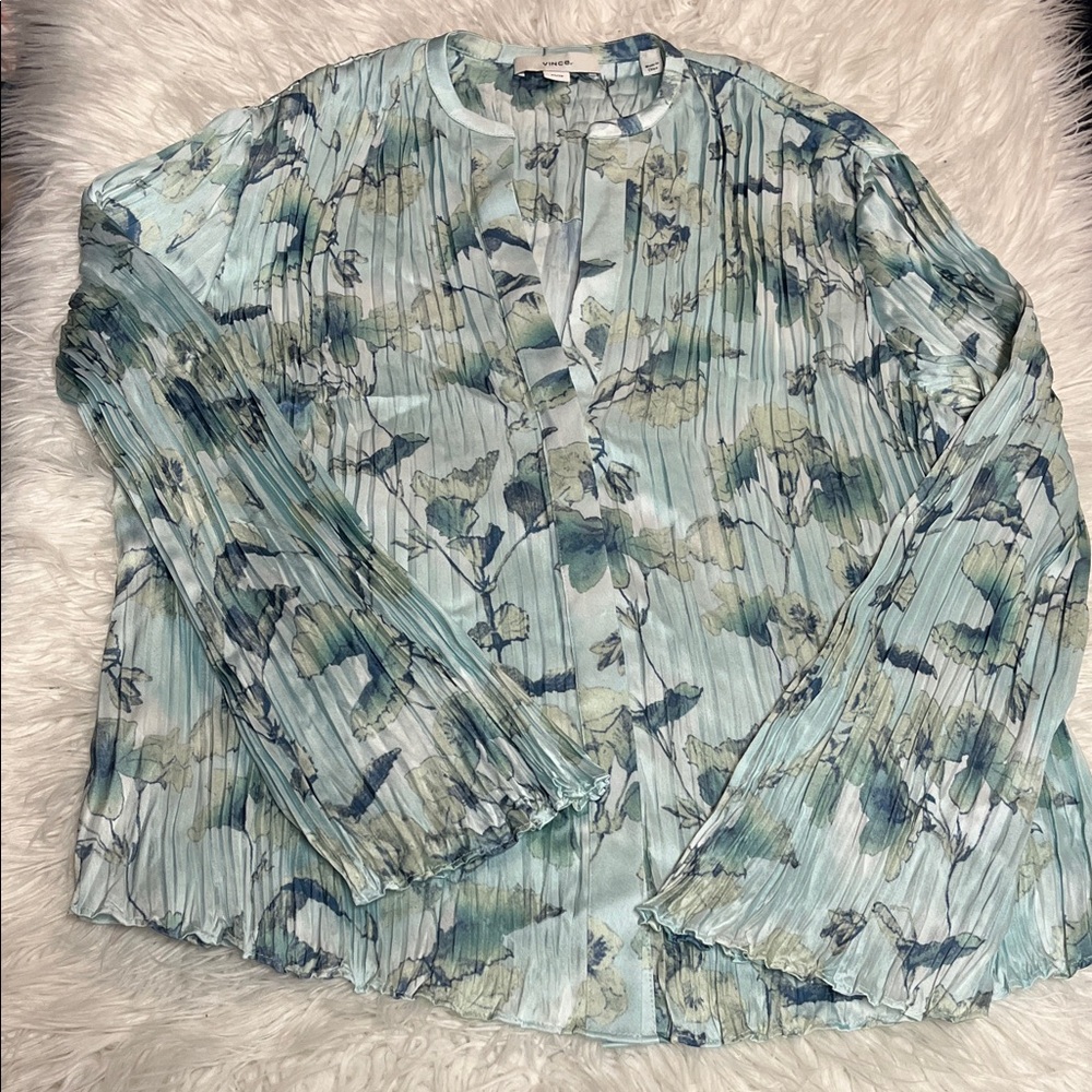 Vince Light Seafoam Floral Pleated Blouse